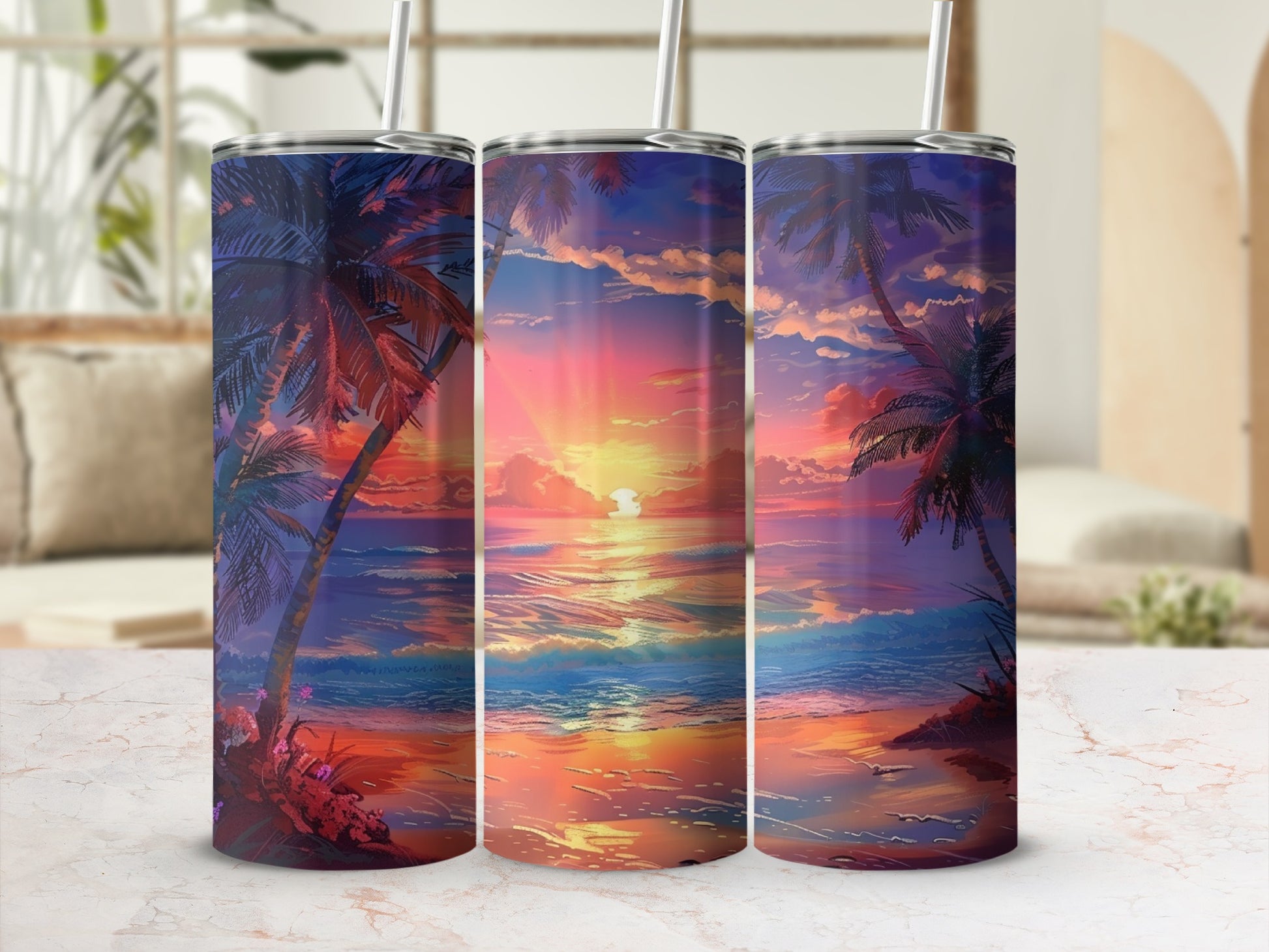 Three tumblers with a vibrant sunset over the ocean and palm trees.