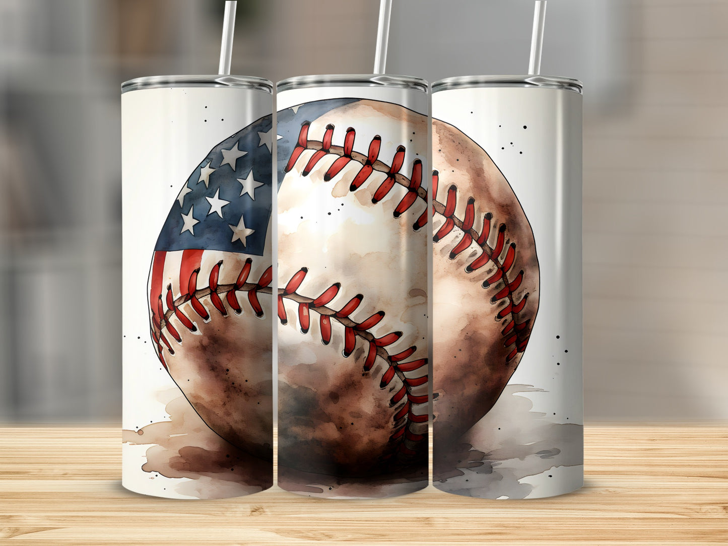 Baseball with American flag pattern on a skinny tumbler.