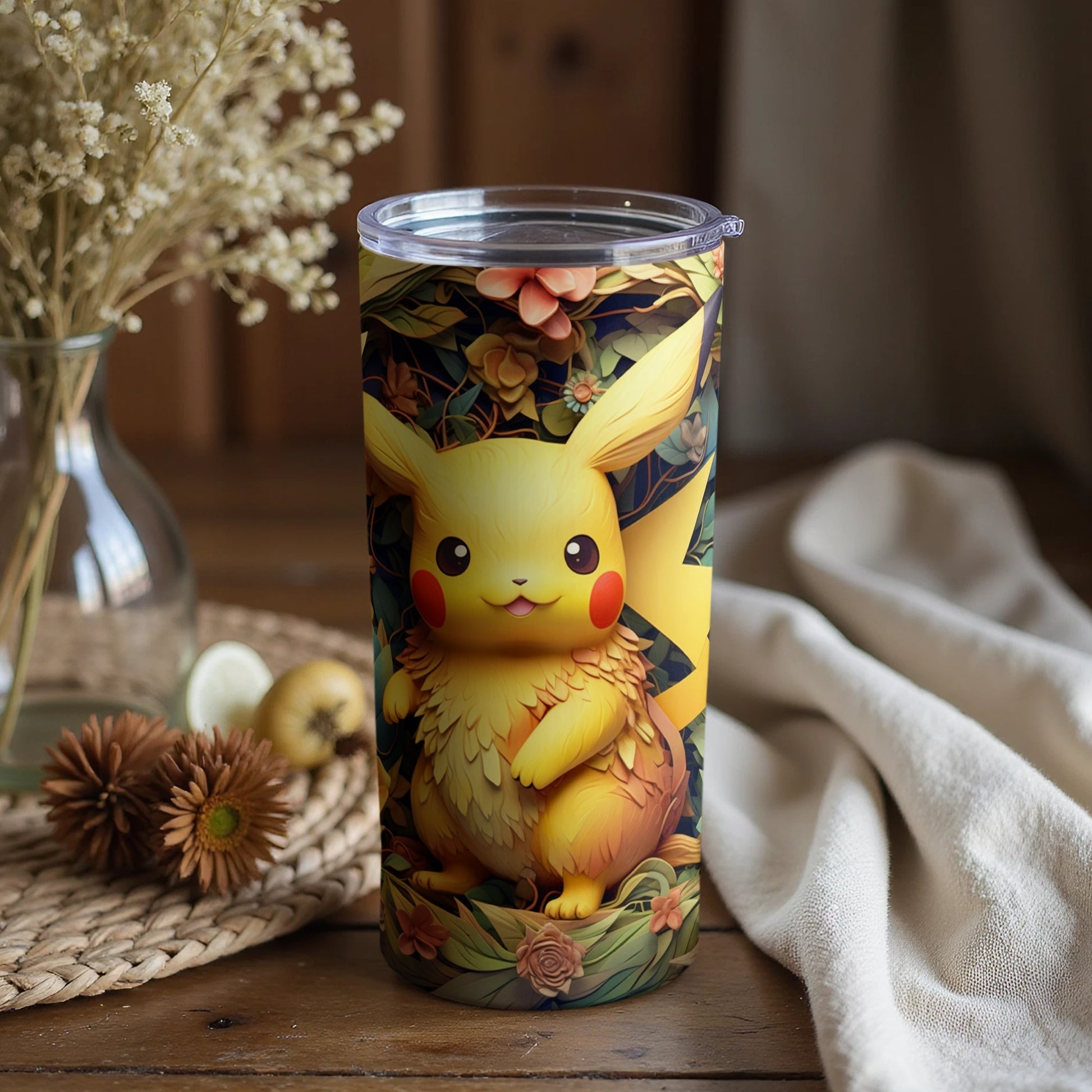 Vibrant Pikachu Floral Design Travel Mug