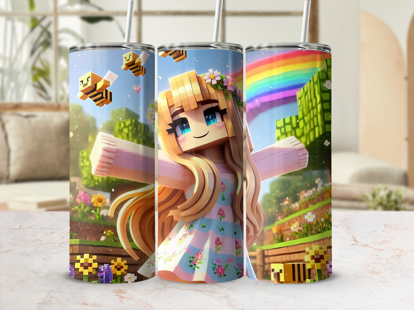 Cute Block Character with Bees and Rainbow Tumbler