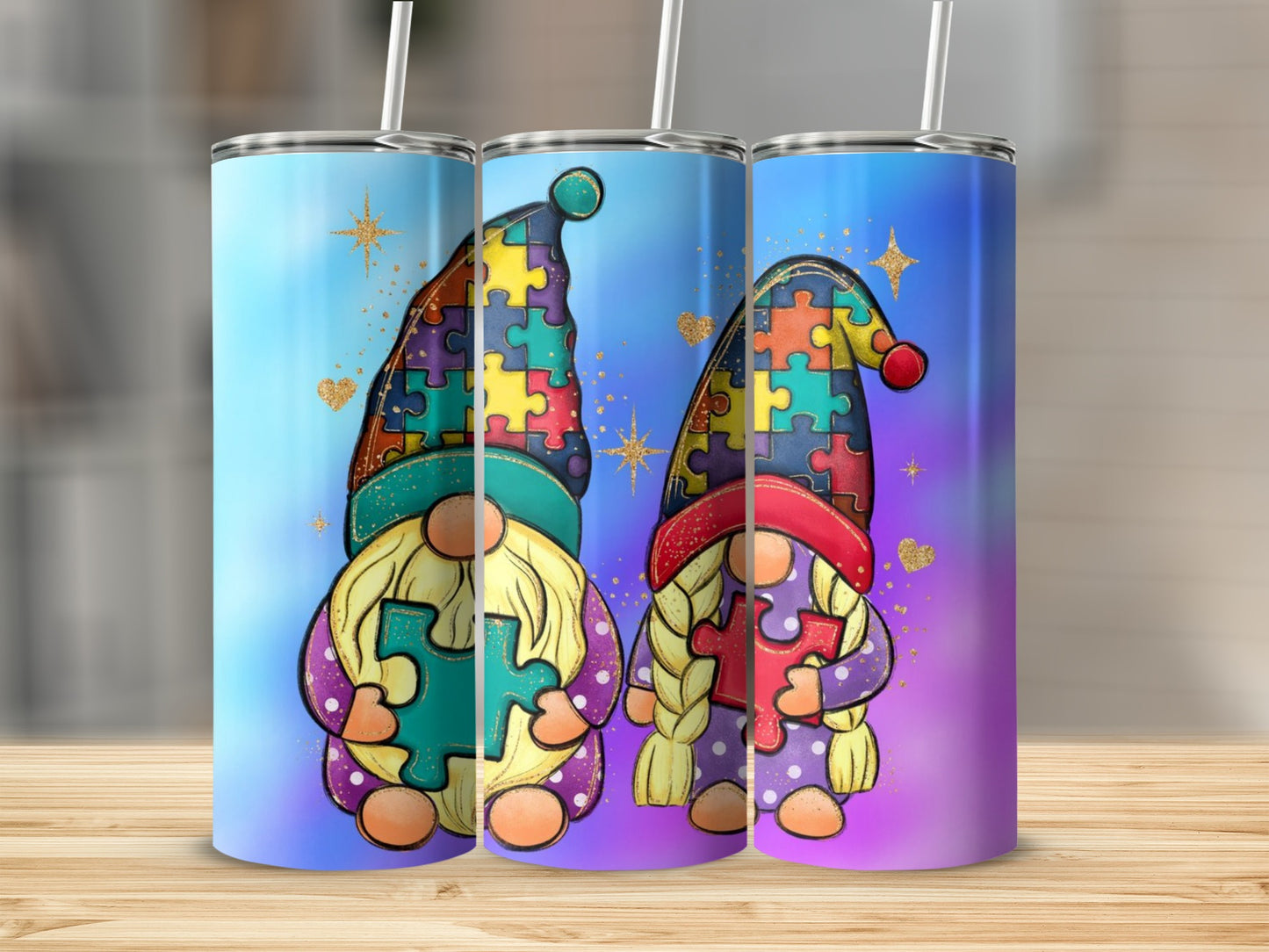 Puzzle Piece Gnome Tumbler with Straw Autism Awareness