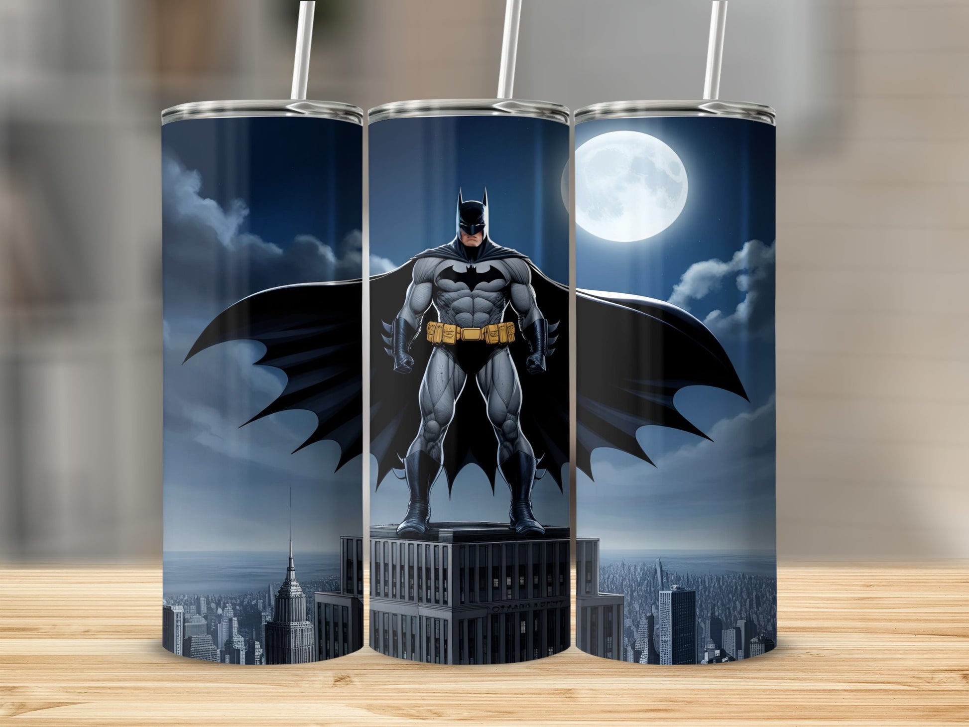 Batman standing on a building overlooking a city at night with a full moon.