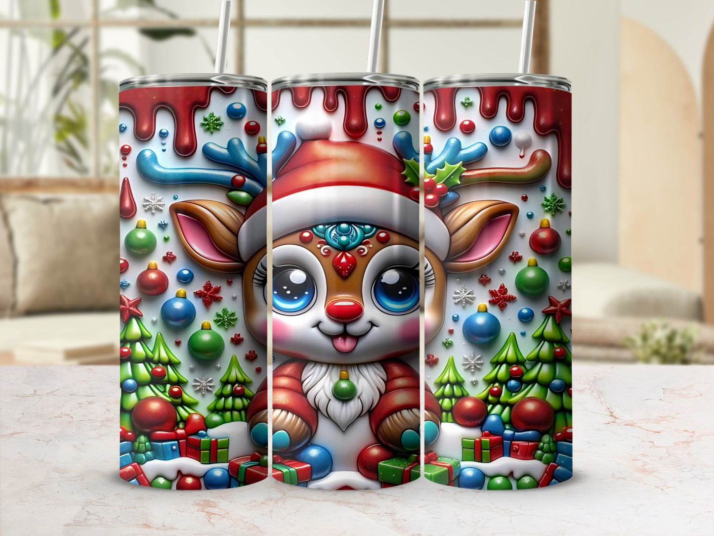 Festive Reindeer with Santa Hat and Ornaments Tumbler