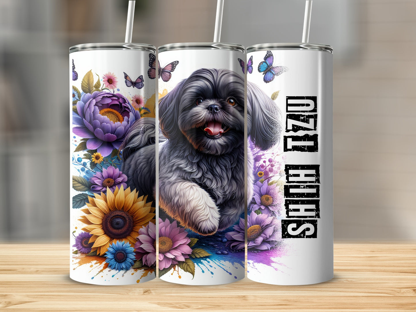 Shih Tzu dog with flowers and butterflies on a tumbler.
