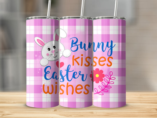Bunny kisses Easter wishes on pink plaid tumbler with straw.
