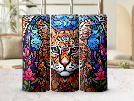 Three tumblers featuring a stained-glass style bobcat and floral design.