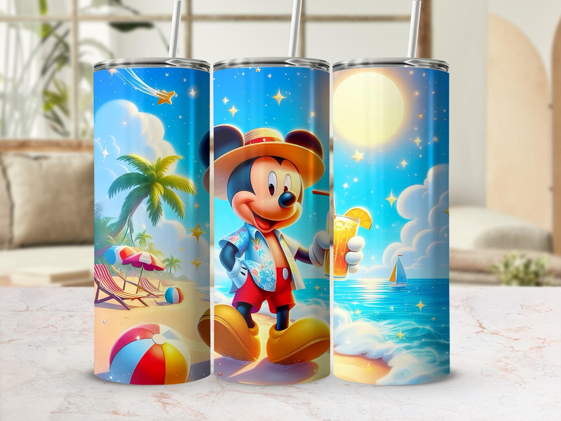 Colorful Beach Scene Travel Tumbler with Cute Character