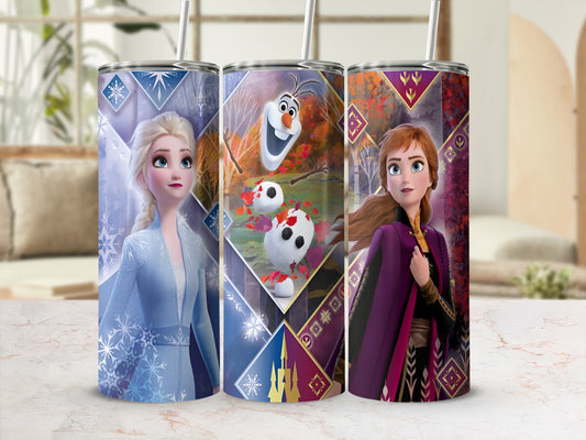 Elsa and Anna from Frozen on a tumbler with snowflakes and autumn leaves.