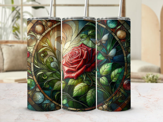 Stained glass tumbler featuring a red rose with ornate details and butterflies.