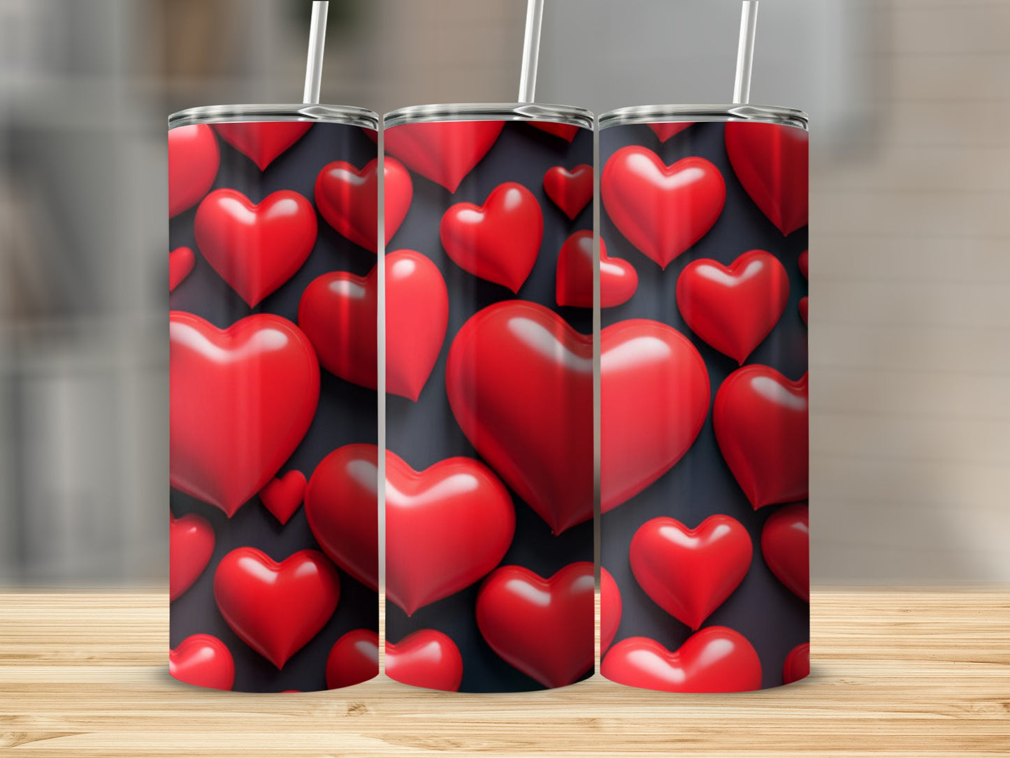 Three tumblers with a repeating pattern of glossy red hearts on a dark background.