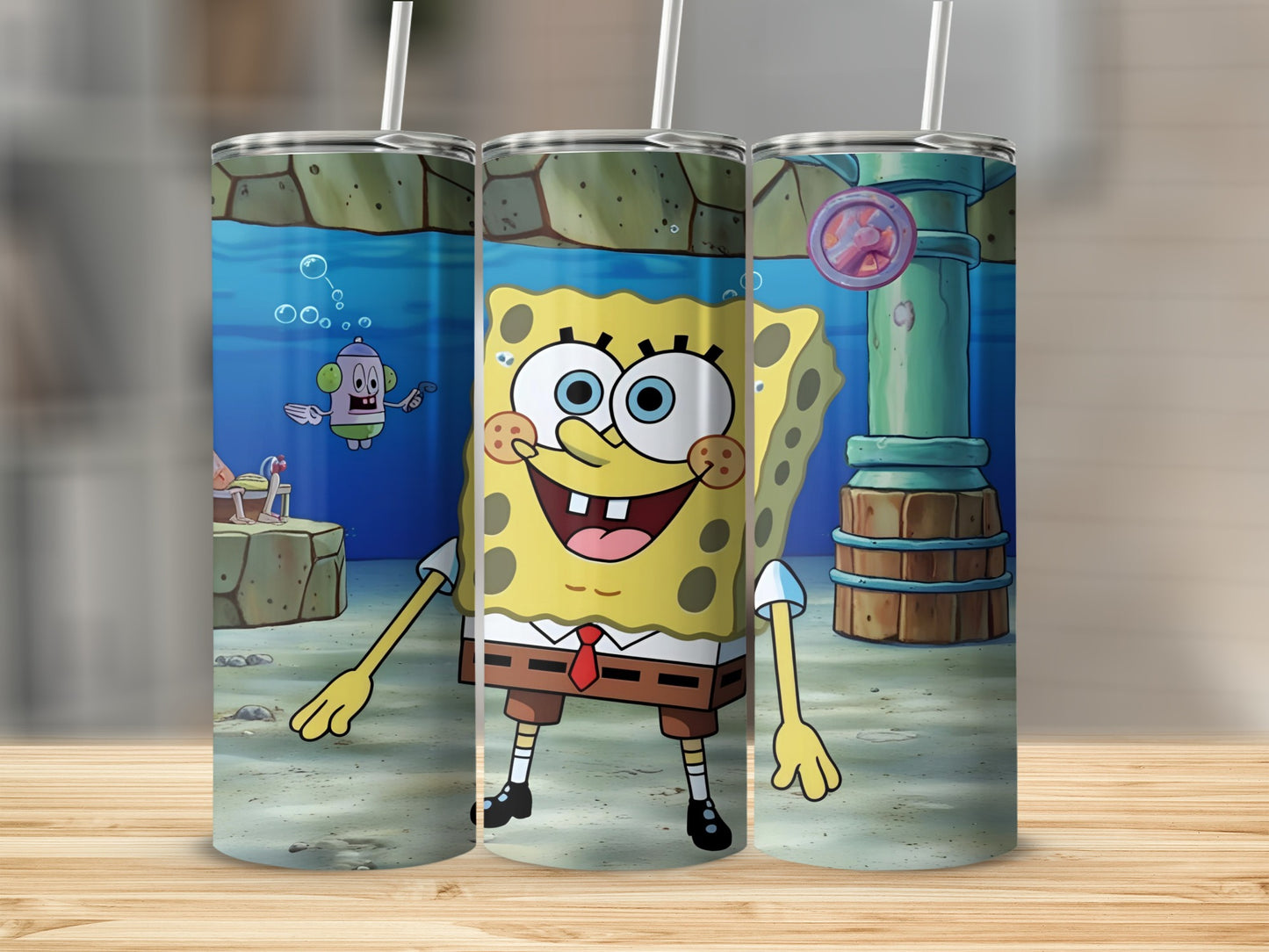 SpongeBob SquarePants characters in underwater scene with tubes and coral.