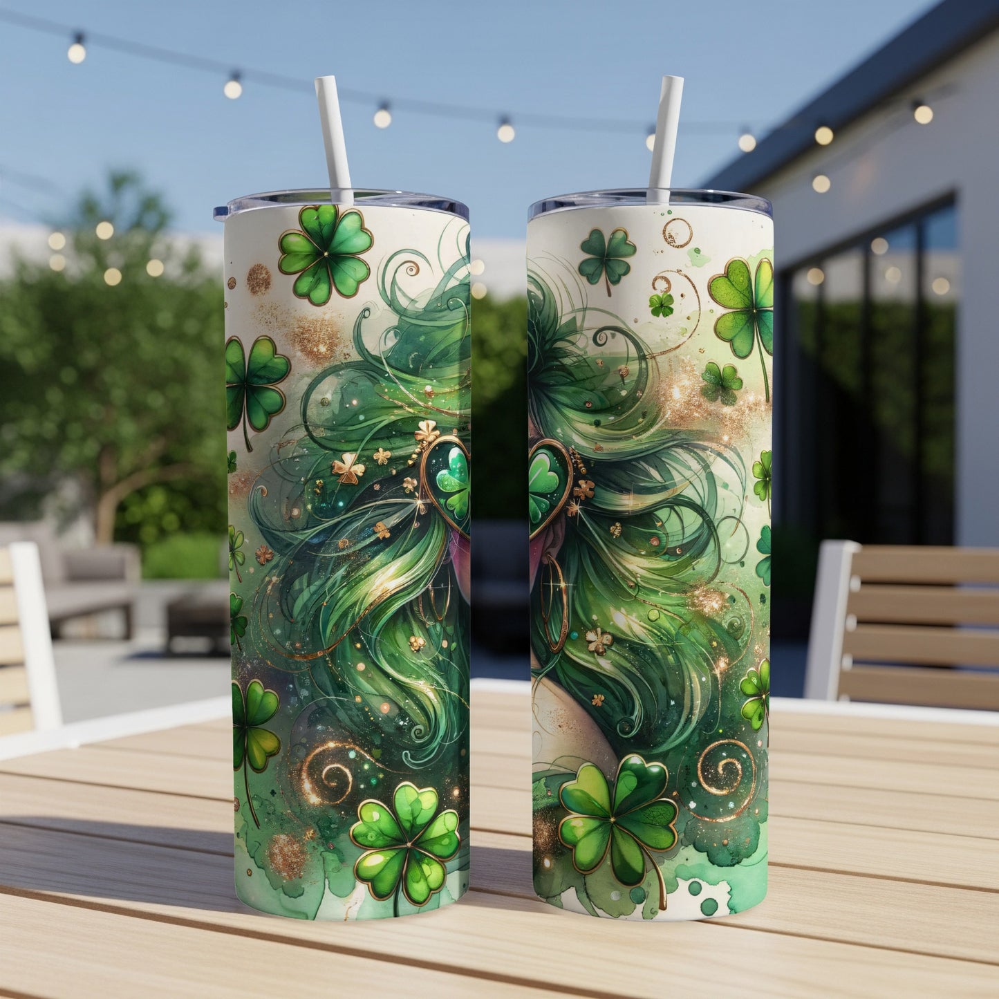 Green St. Patrick's Day tumbler with shamrocks and gold glitter.