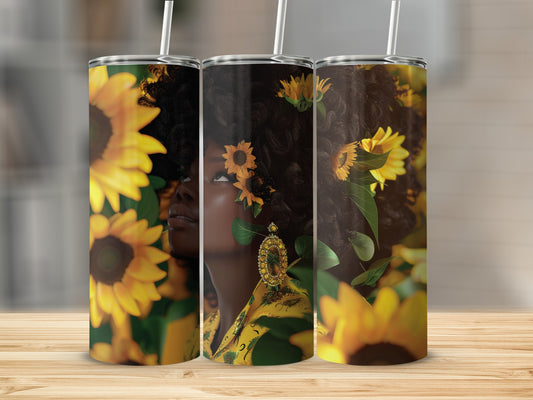 Woman with sunflowers in her hair on a tumbler.