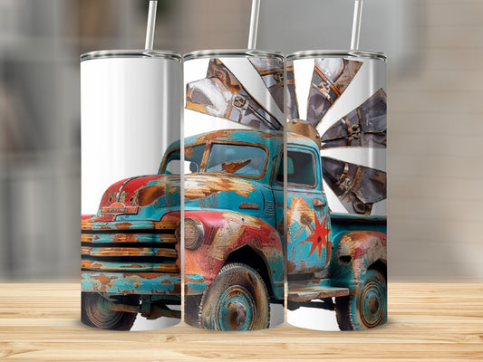 Tapestry of a vintage truck with rusty details and a windmill emblem.