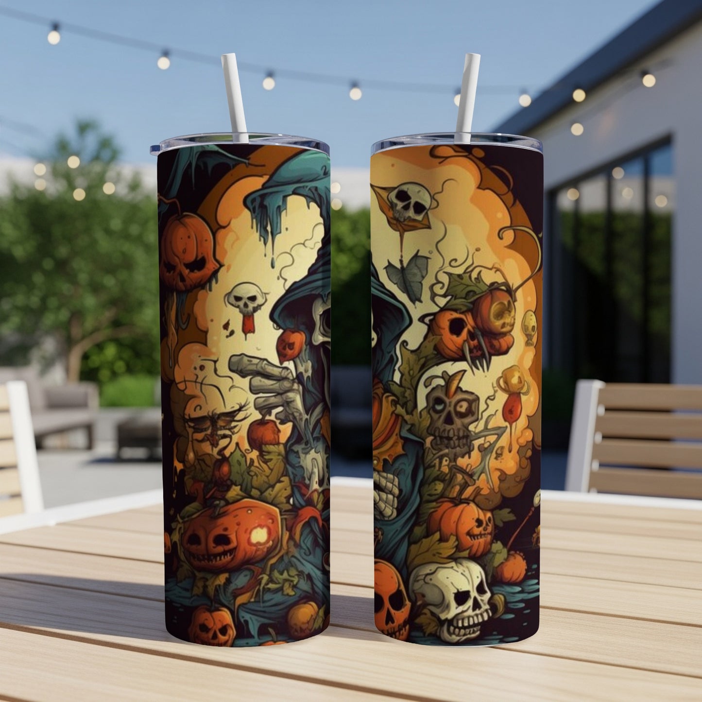 Two tumblers with a spooky Halloween design featuring pumpkins, skulls, and a grim reaper.