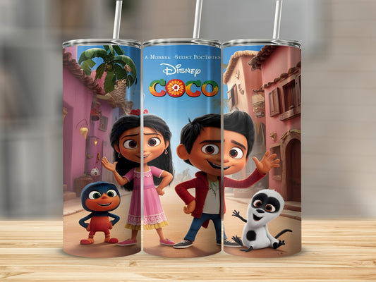 Disney Coco characters Miguel, Hector, and Dante on a tumbler with straw.