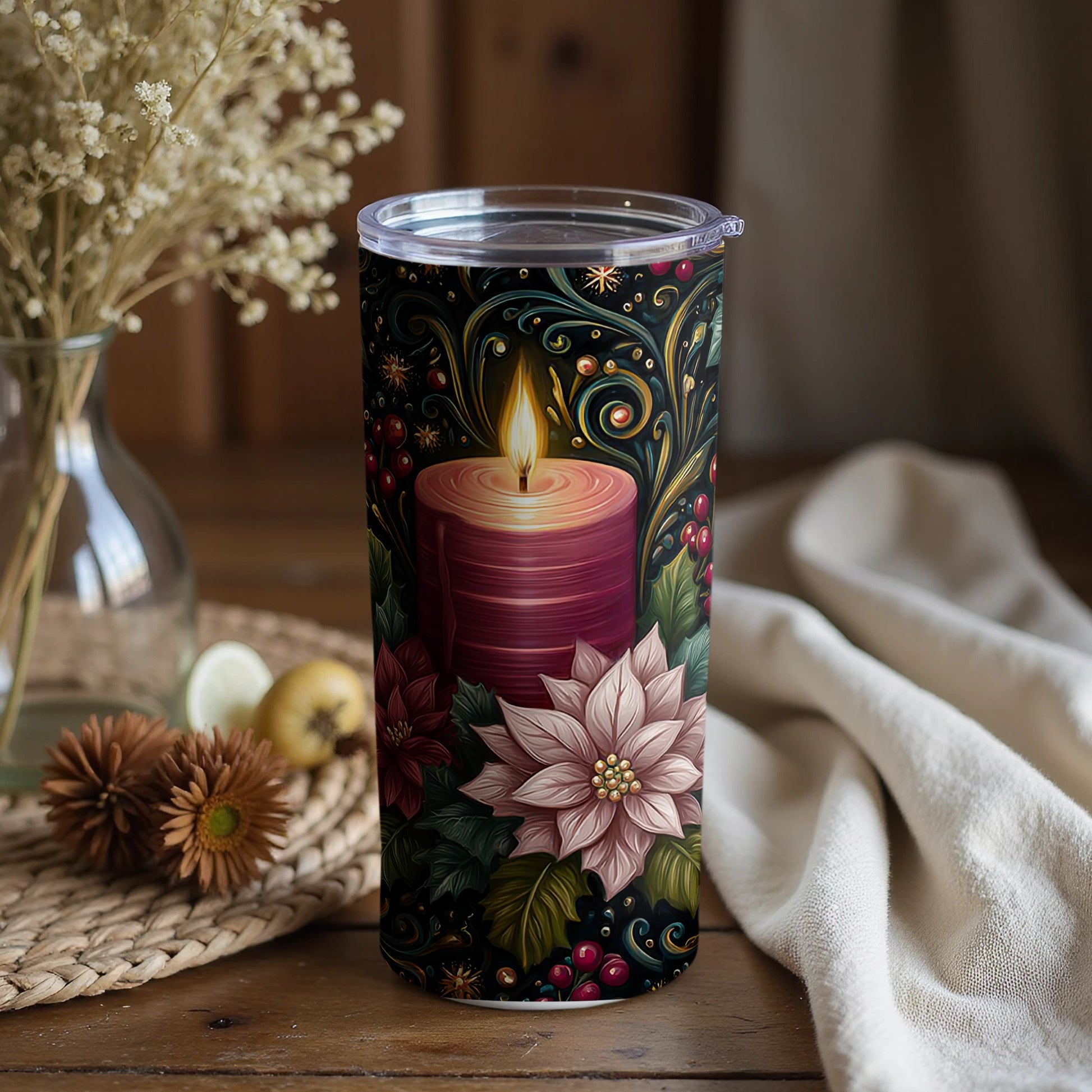 Festive Candle and Flowers Design Insulated Tumbler