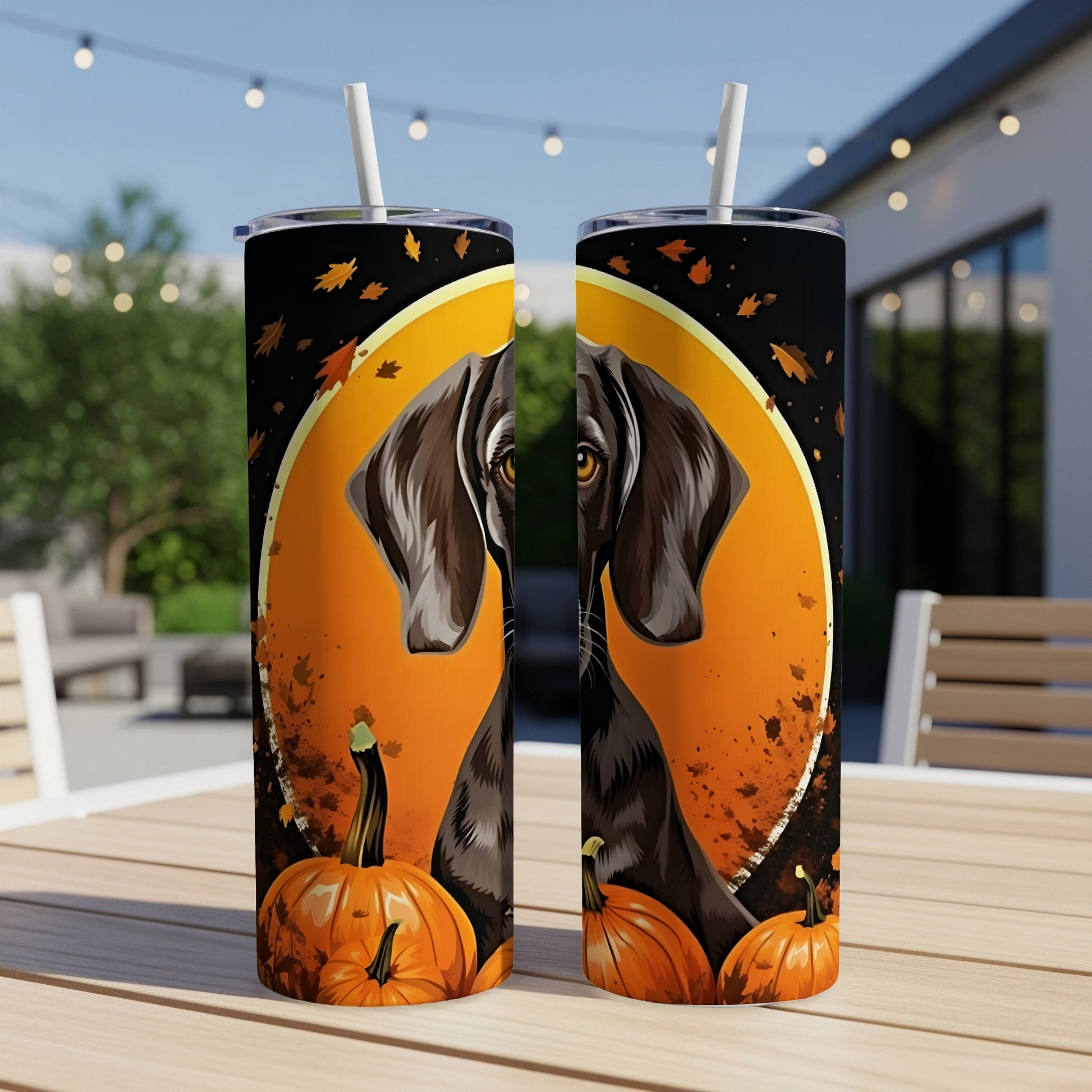Two tumblers with a German Shorthaired Pointer and pumpkins graphic.