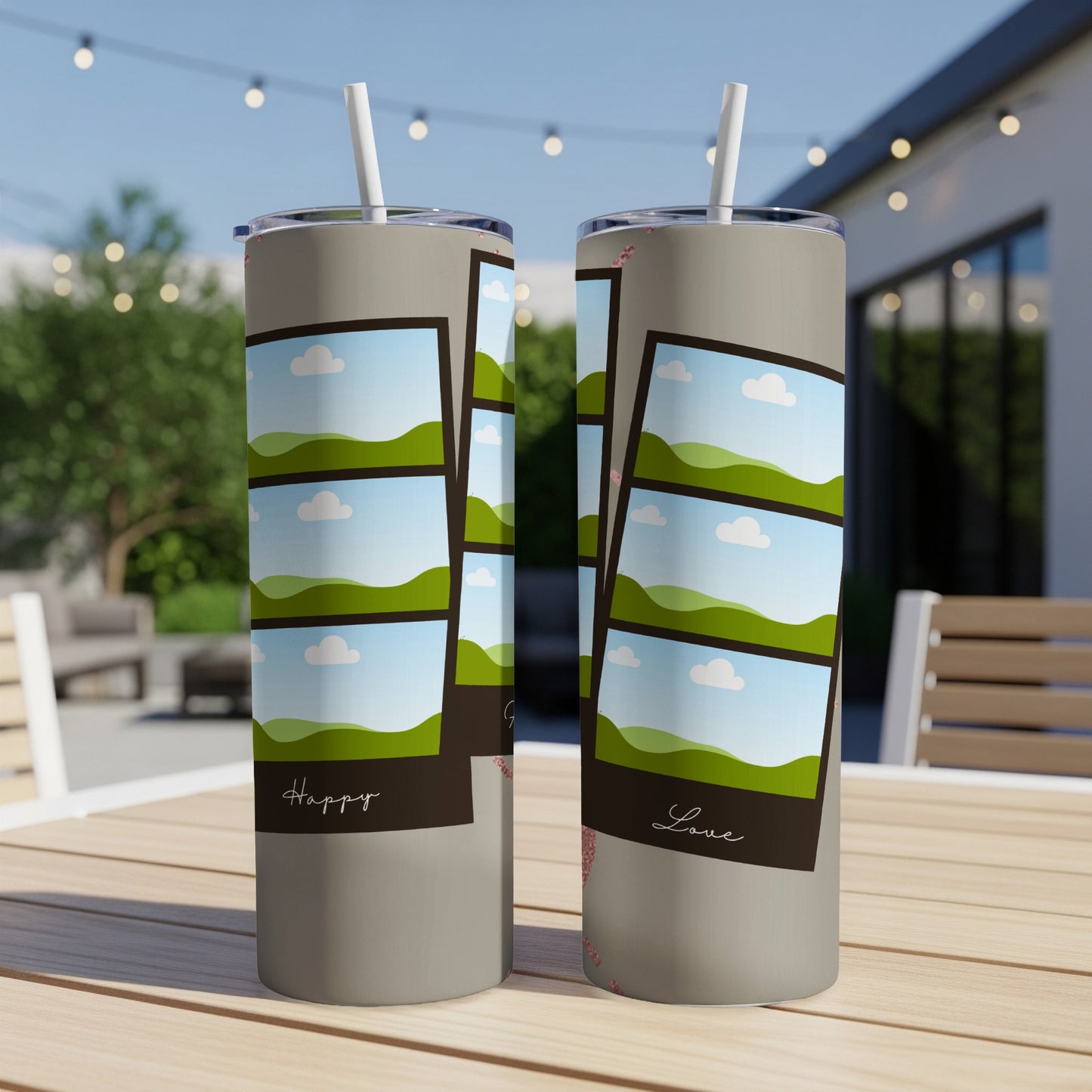 Two tumblers with a landscape collage and the words "Happy" and "Love".