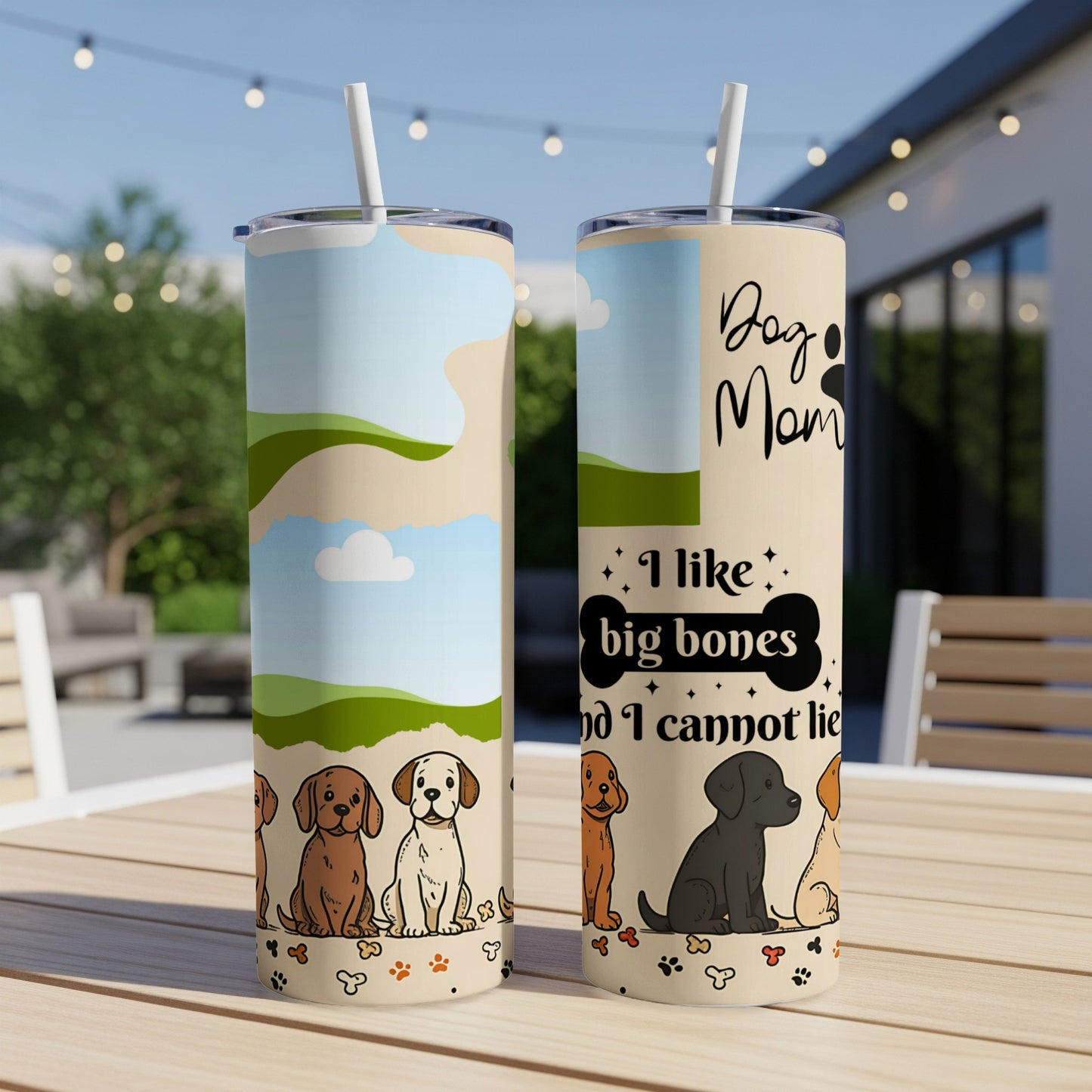 Two tumblers with dog illustrations, one saying "Dog Mom I like big bones and I cannot lie".