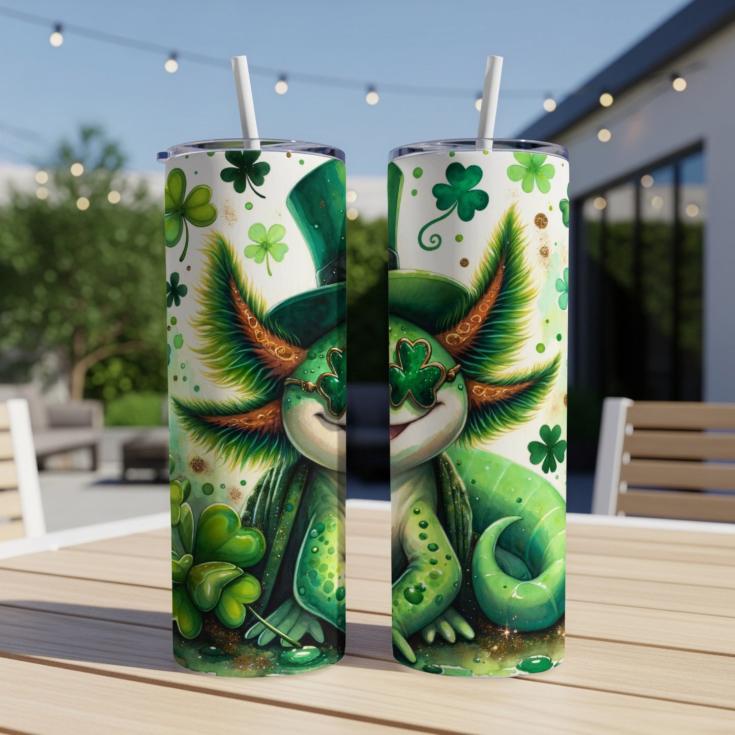 Green axolotl with hat and shamrocks on St. Patrick's Day themed tumblers.