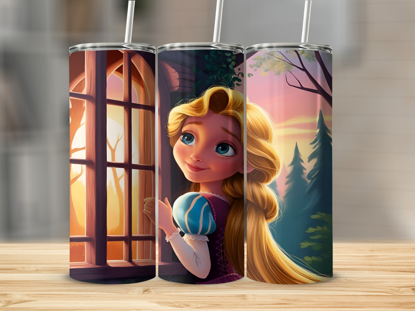 Rapunzel character with long blonde hair in a castle window.