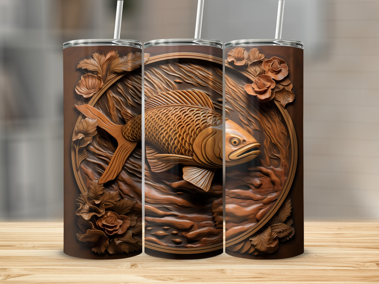 Brown tumbler with a carved fish and floral relief design.