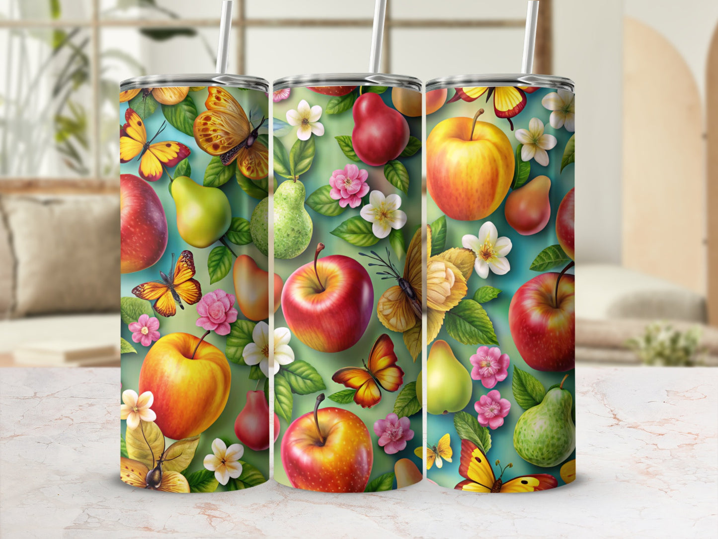Tumbler with apples, pears, and butterflies on a floral background.