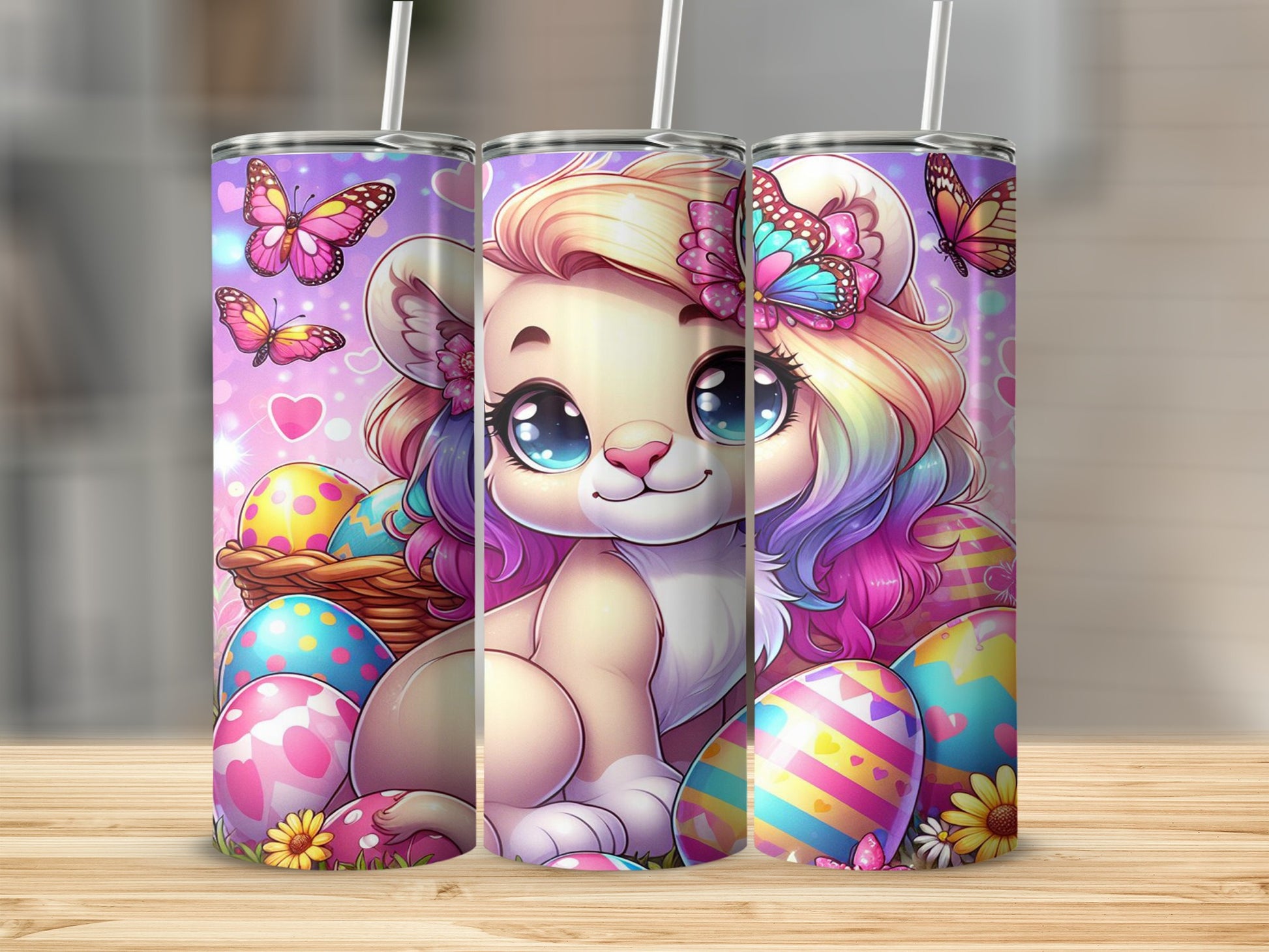 Cartoon lion cub with rainbow mane, Easter eggs, and butterflies.