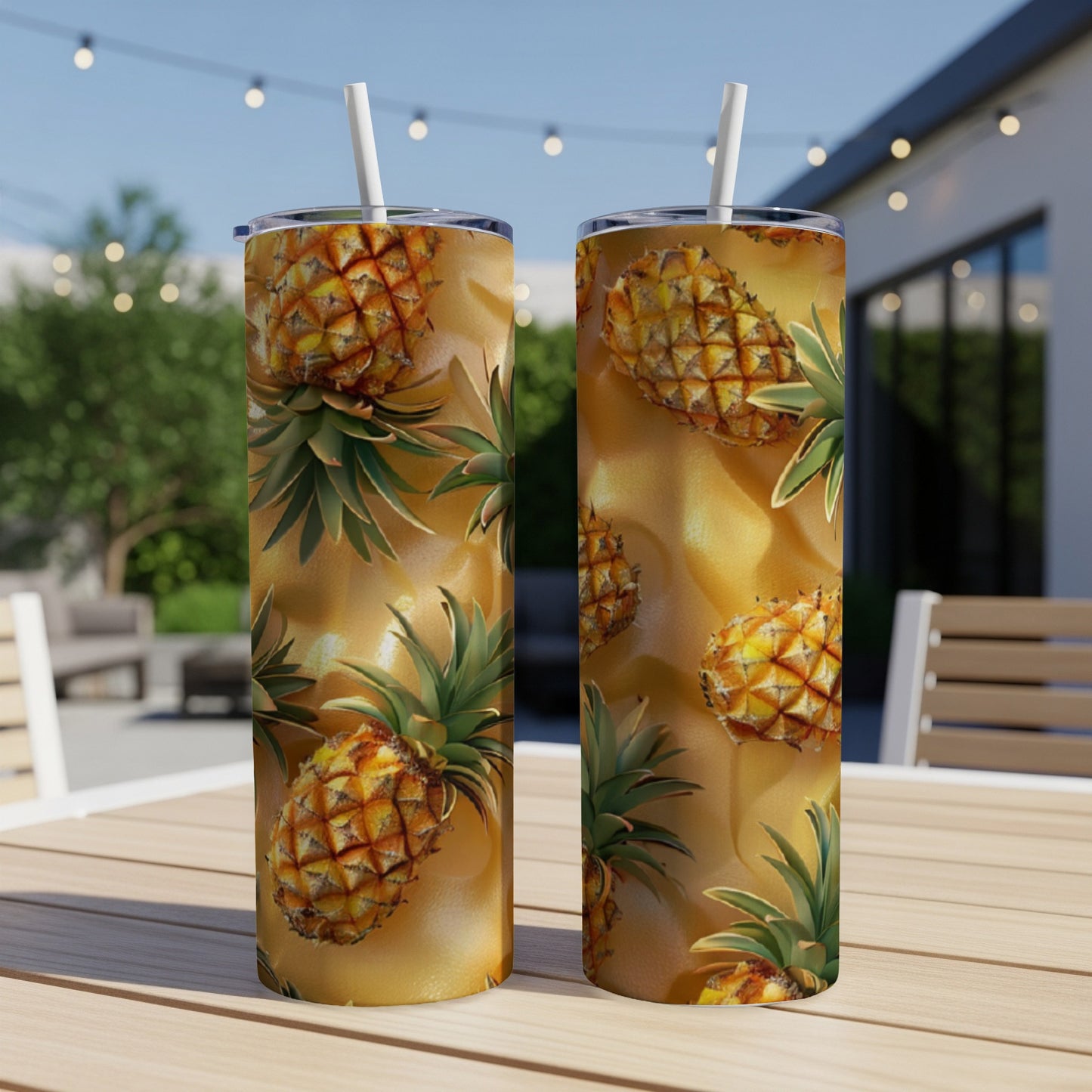 Two tumblers with a repeating pineapple pattern on a table outdoors.
