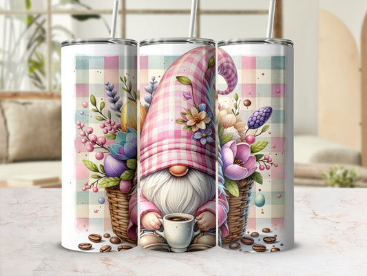 Pink plaid gnome holding coffee cup with floral Easter basket.