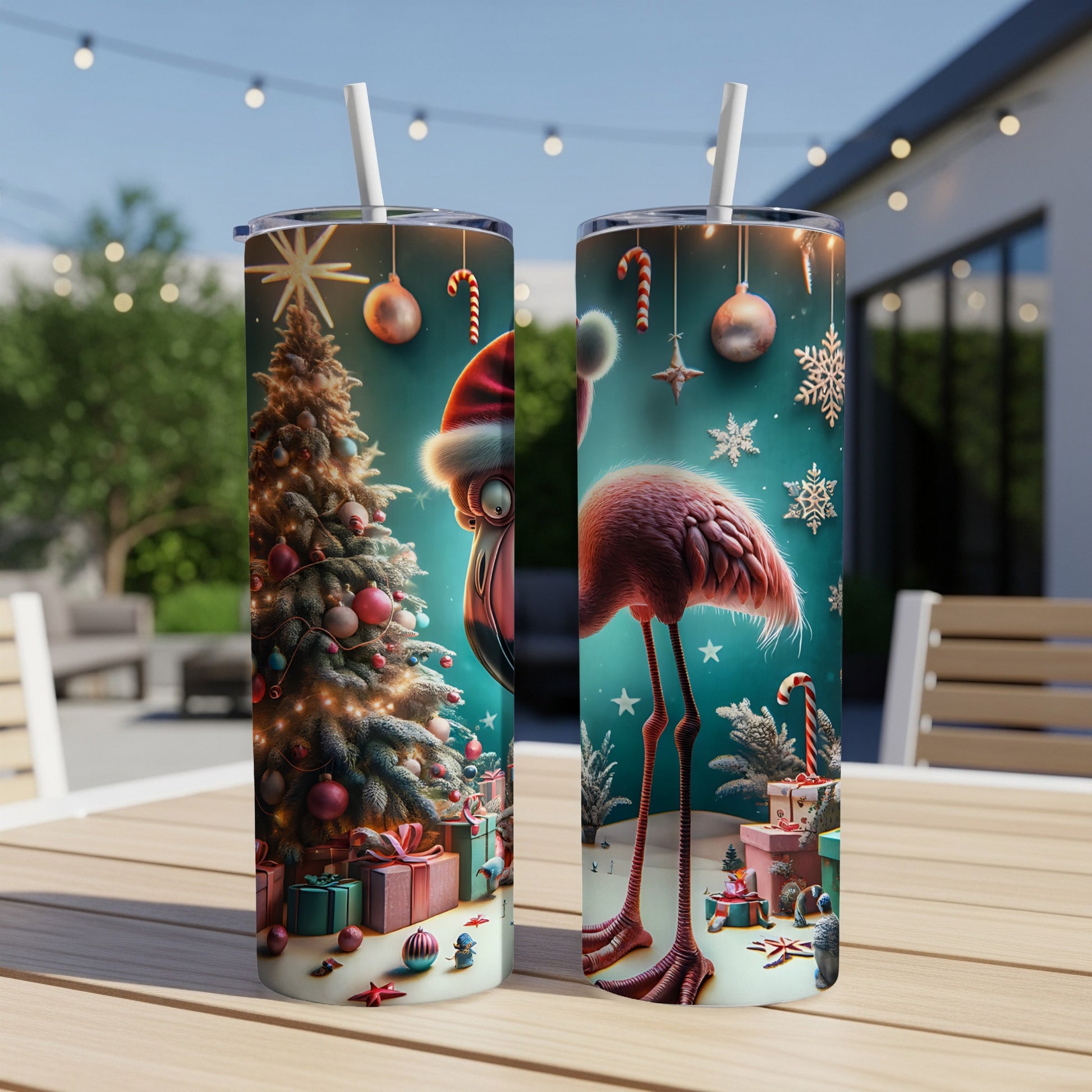 Two Christmas-themed tumblers featuring a flamingo and festive decorations.