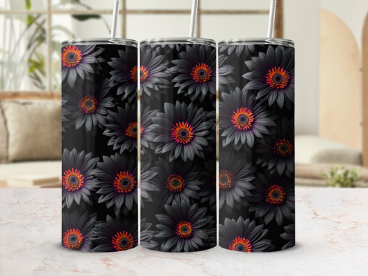 Three dark floral tumblers with straws, detailed with orange and purple centers.