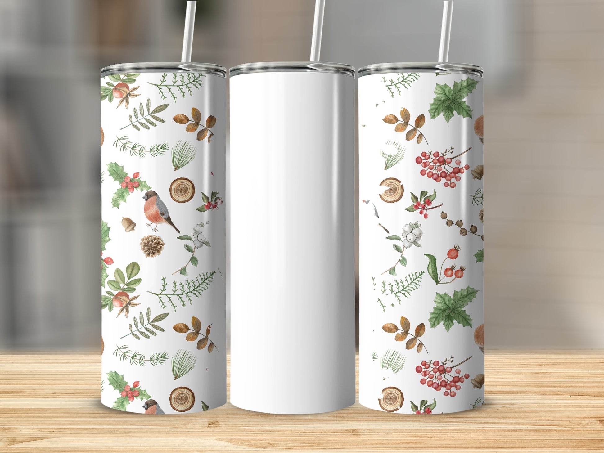 Festive Floral and Bird Design Insulated Tumbler