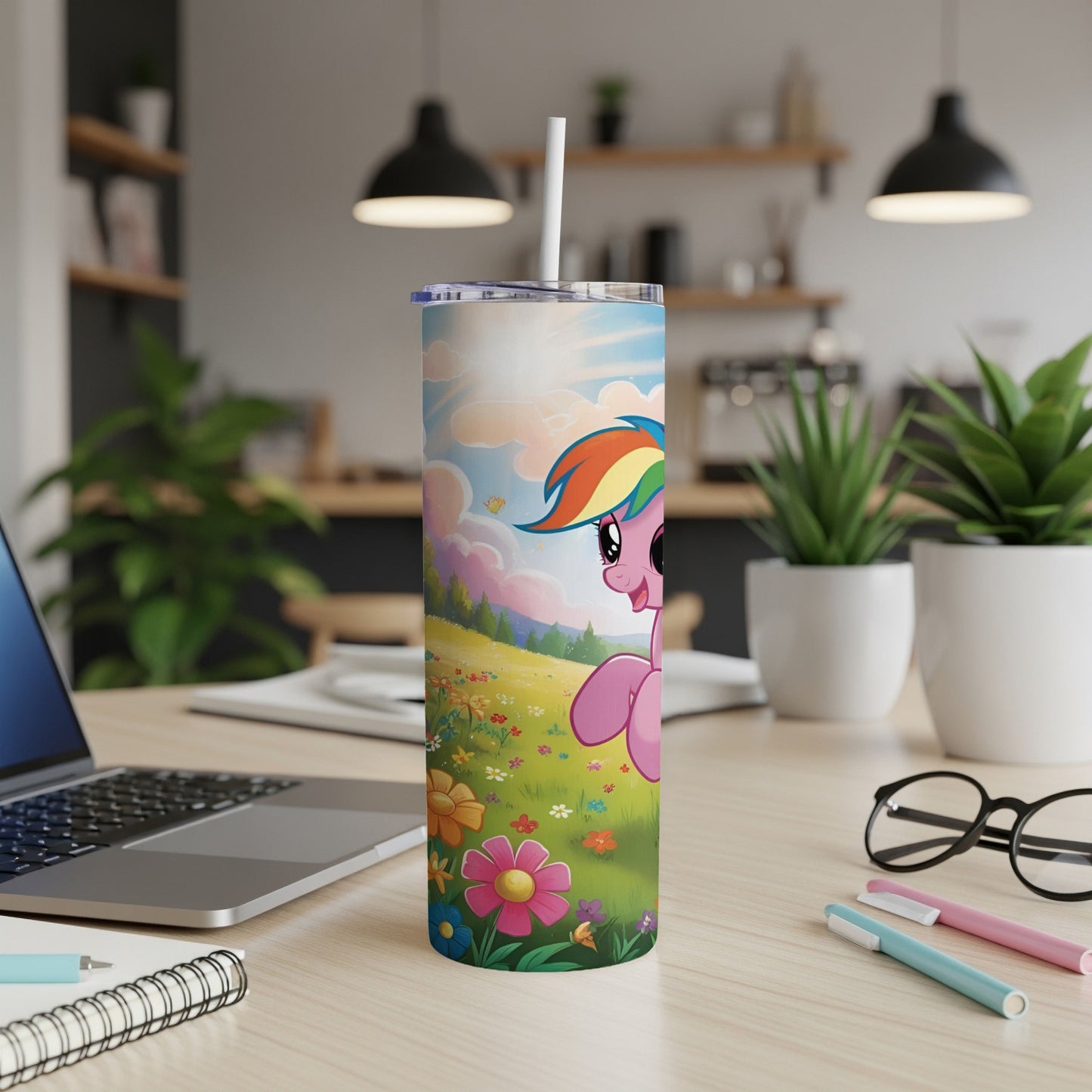 Rainbow Dash from My Little Pony on a floral field tumbler.