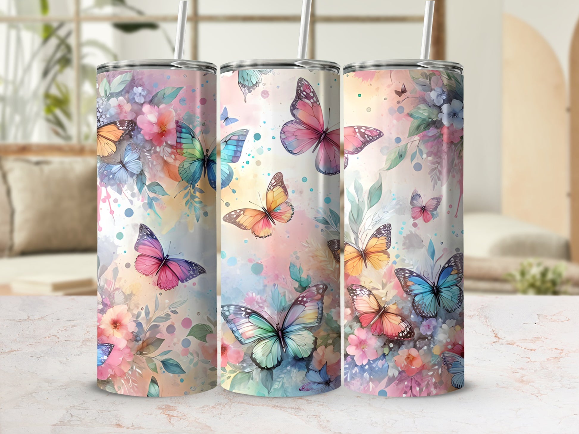 Floral pattern tumbler with colorful butterflies and leaves.