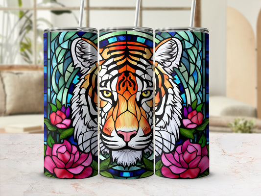 Tiger face with stained glass background and pink roses.