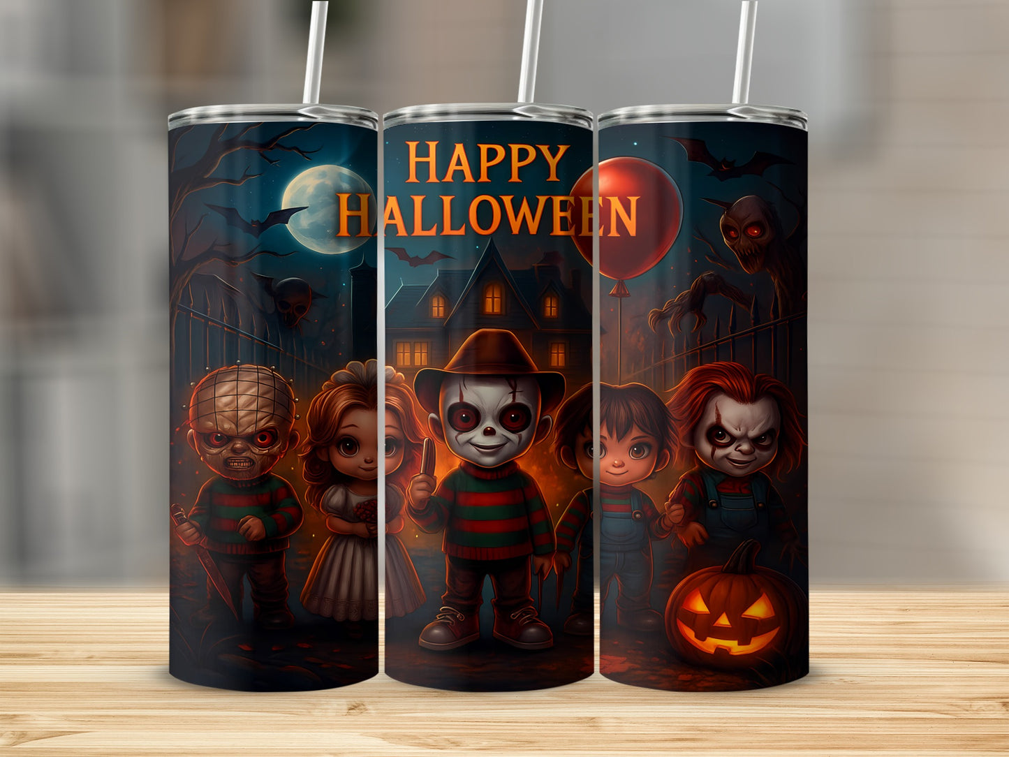 Halloween tumbler with horror movie character illustrations and text.