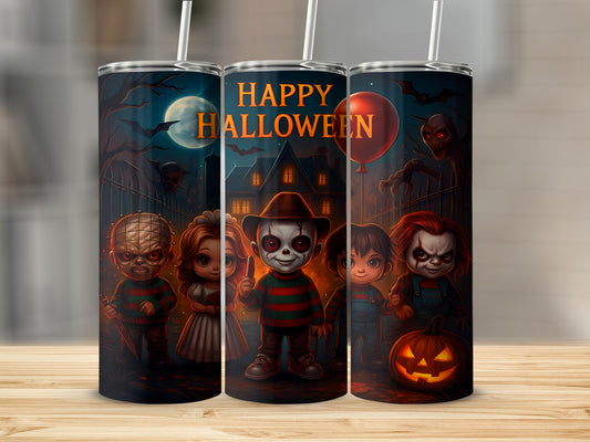 Halloween tumbler with horror movie character illustrations and text.