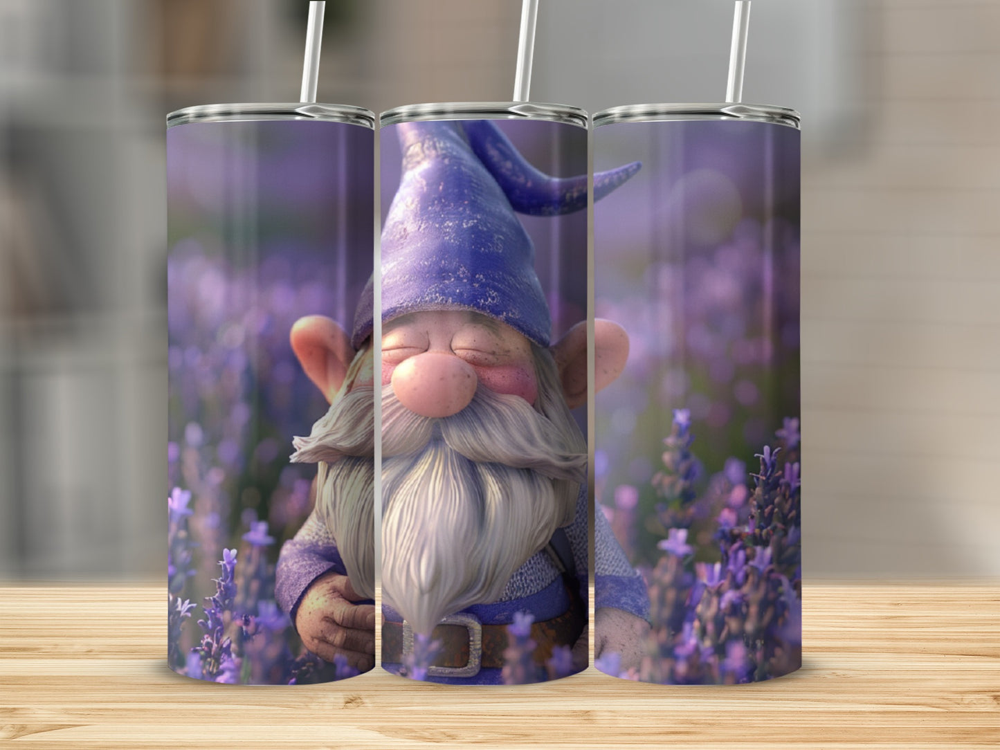 Gnome illustration on three tumblers with lavender field background.