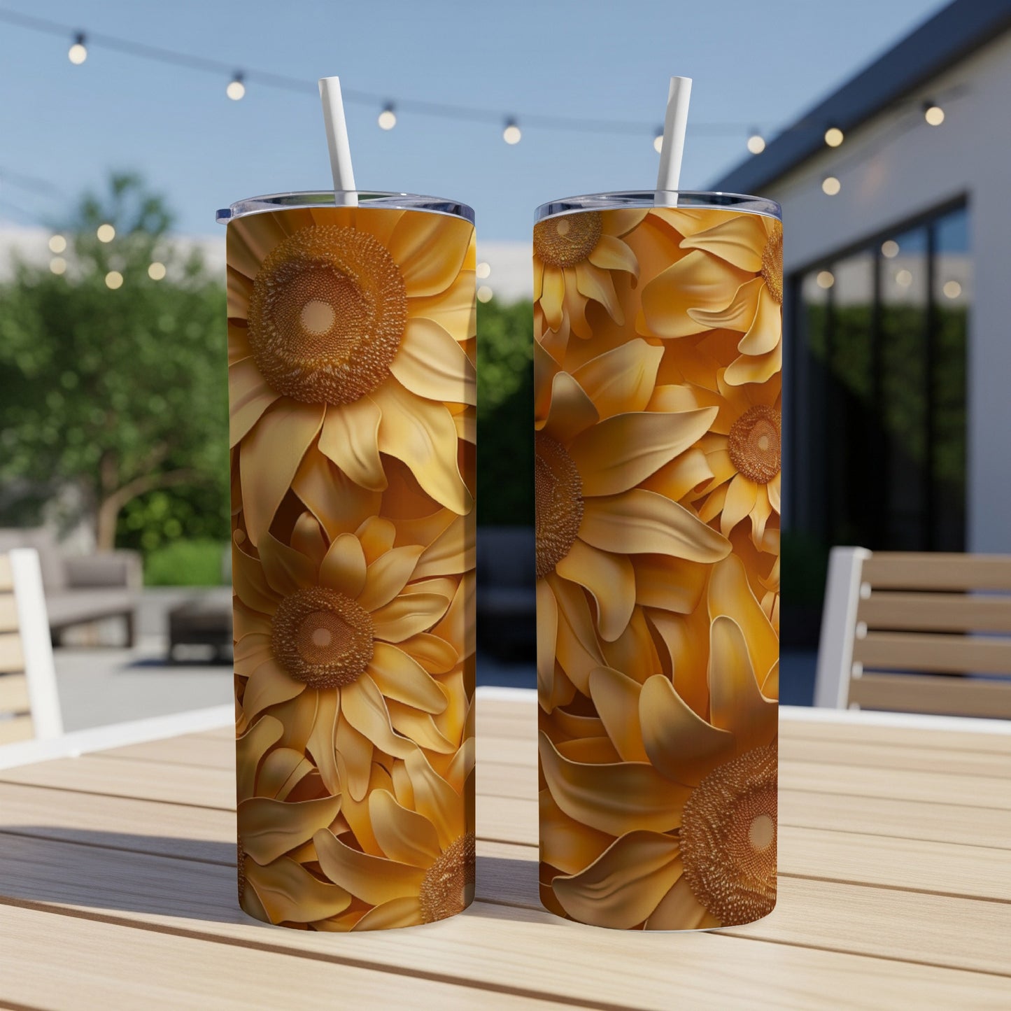 Two tall tumblers adorned with a dense sunflower pattern.