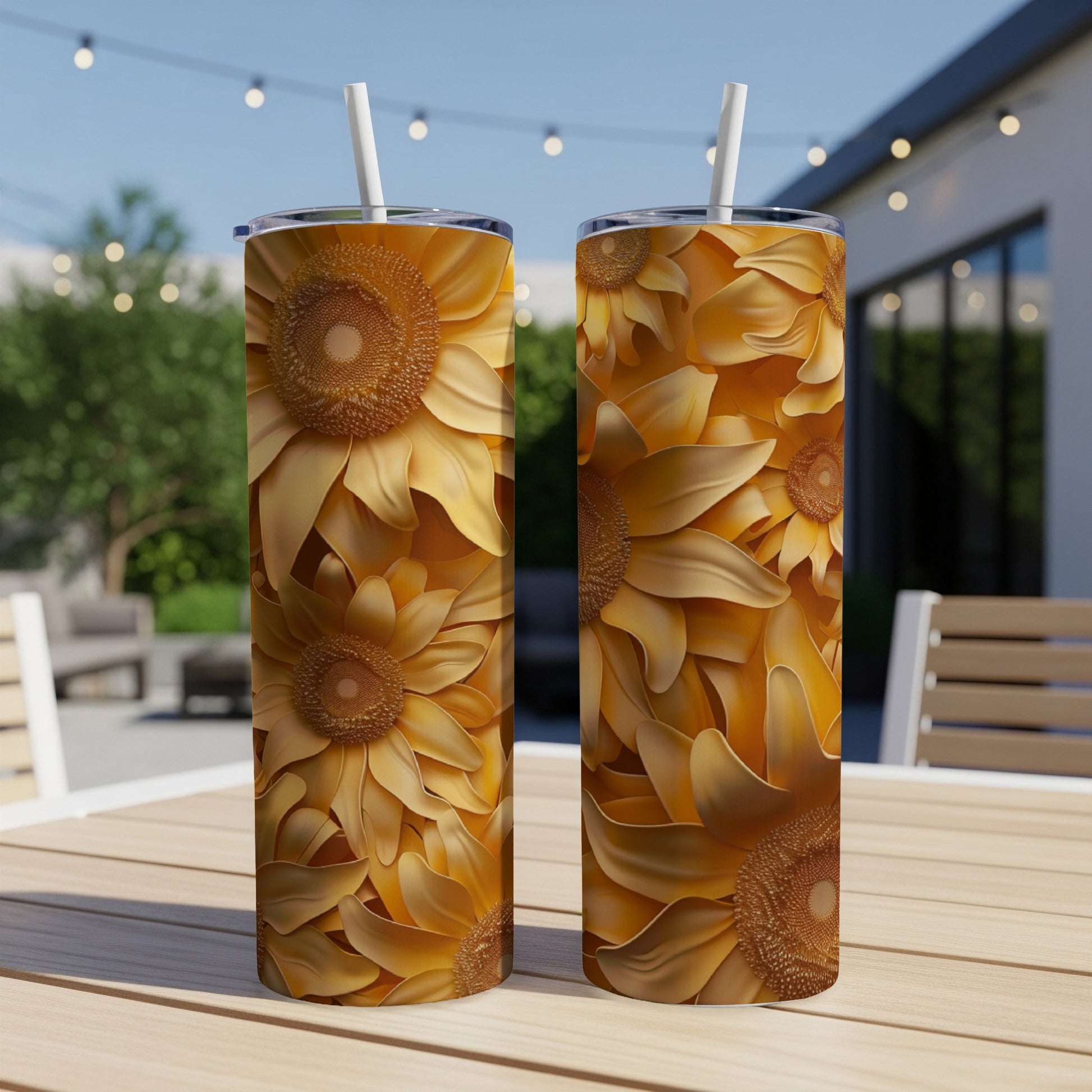 Two tall tumblers adorned with a dense sunflower pattern.
