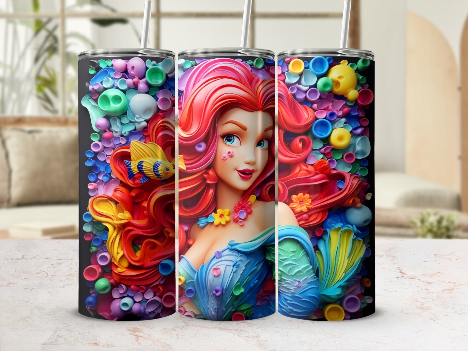 Colorful Mermaid and Fish Themed Tumbler with Straw