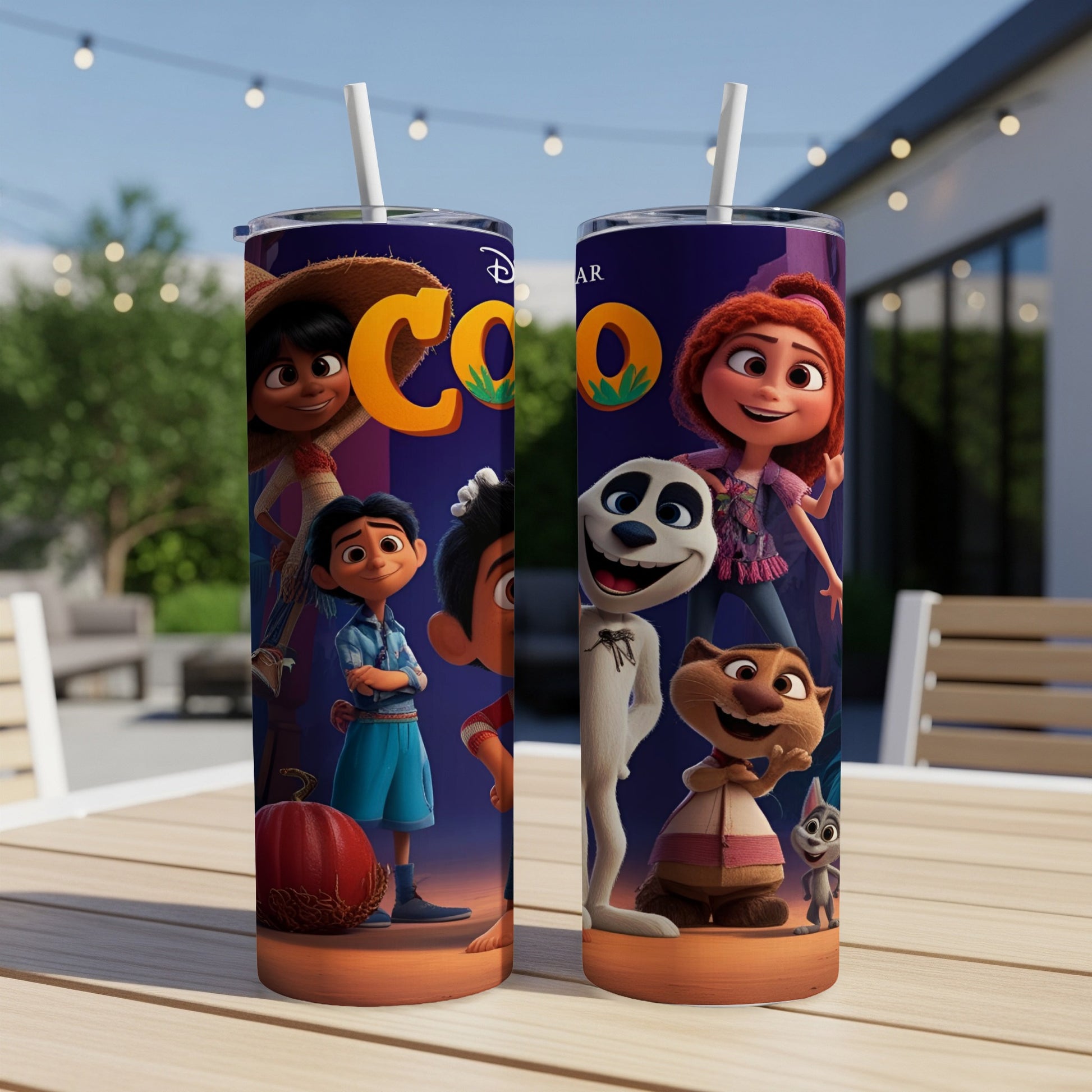 Coco movie characters on a purple tumbler with straws.
