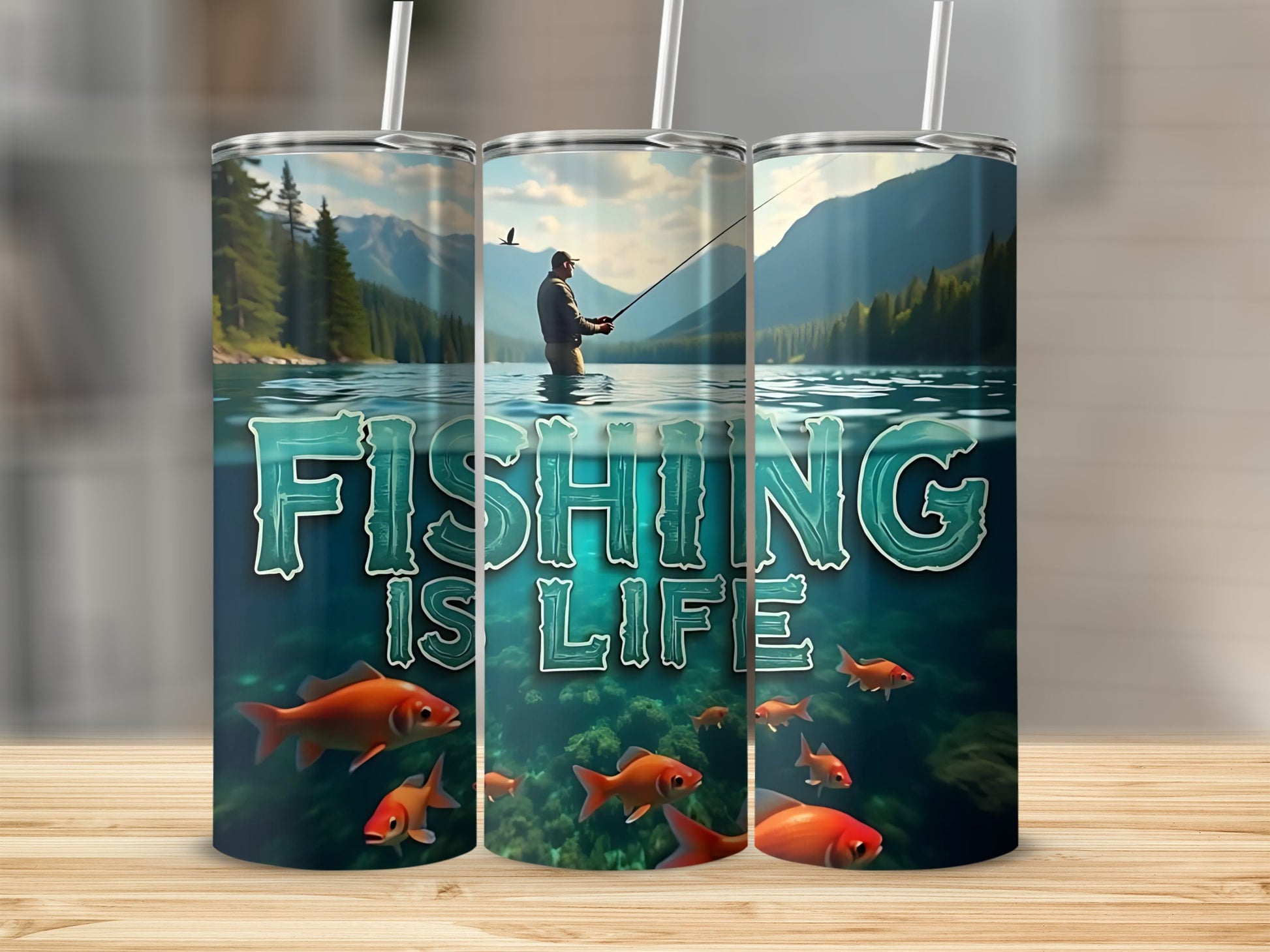 Fishing Is Life Tumbler with Scenic Mountain Design