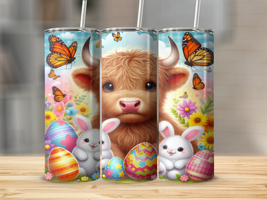 Fluffy cow with bunnies and colorful Easter eggs.