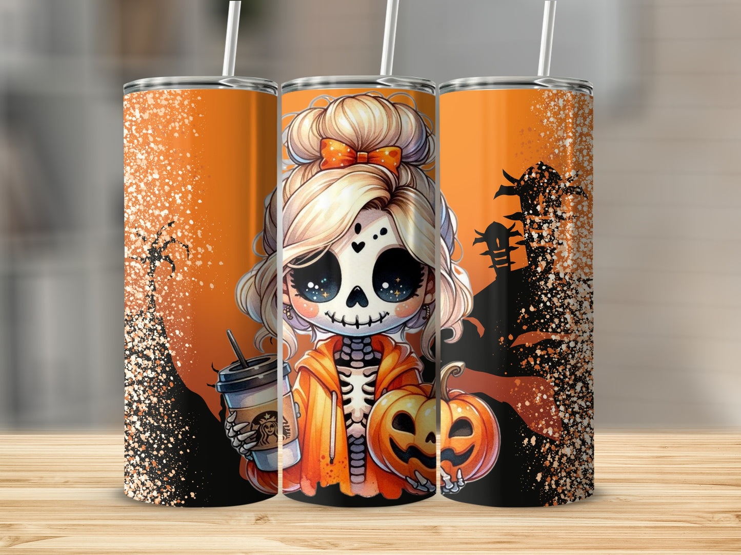 Cute Halloween Skeleton Girl Tumbler with Pumpkins Design