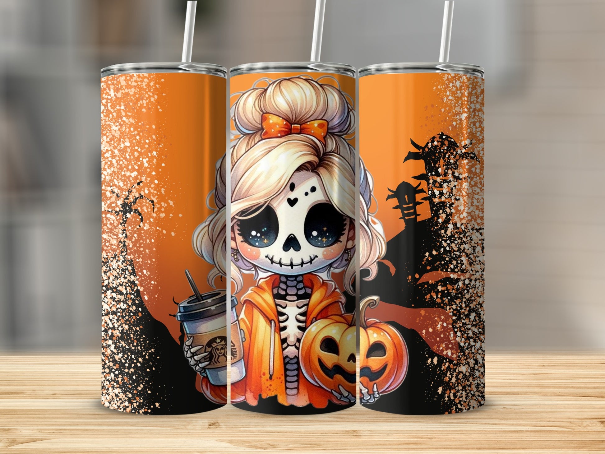 Cute Halloween Skeleton Girl Tumbler with Pumpkins Design