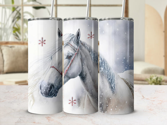 White horse with snowflakes and snowflakes on white tumblers.