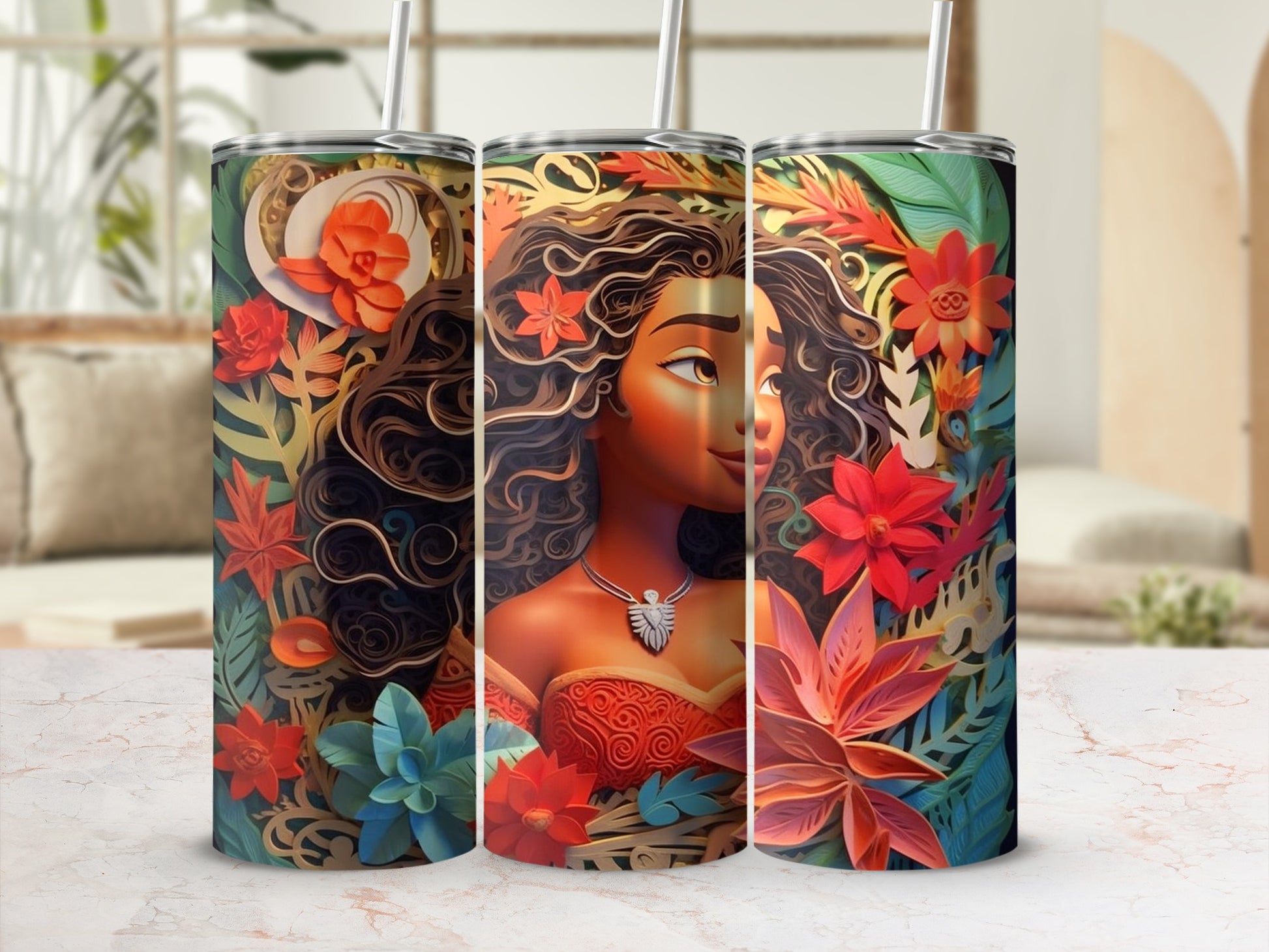 Vibrant Floral Art Tumbler Featuring Tropical Woman Design